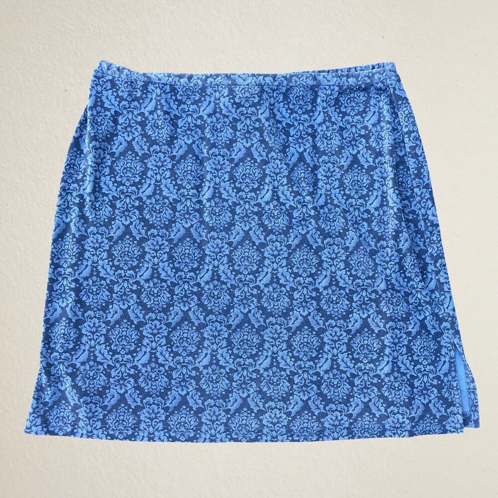 Vtg Y2K blue damask print mini skirt with slits, bohemian 2000s ornate